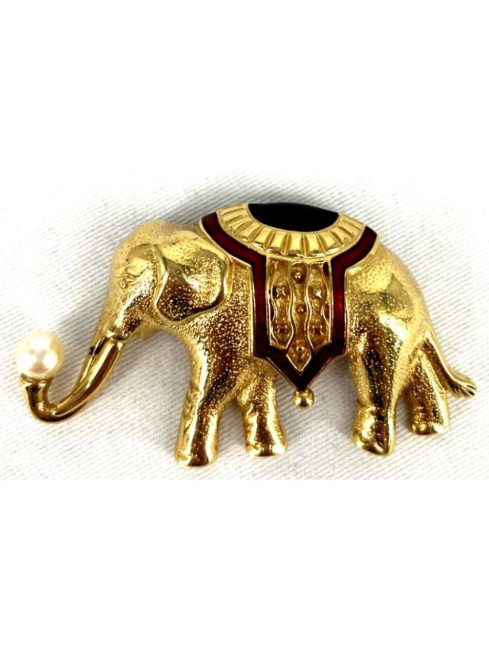 Monet Elephant Brooch Gold tone Enamel Faux Pearl 3" Vintage